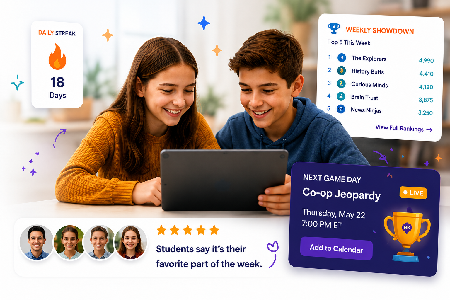 Students using NewzBrain at home with Weekly Showdown and co-op callouts